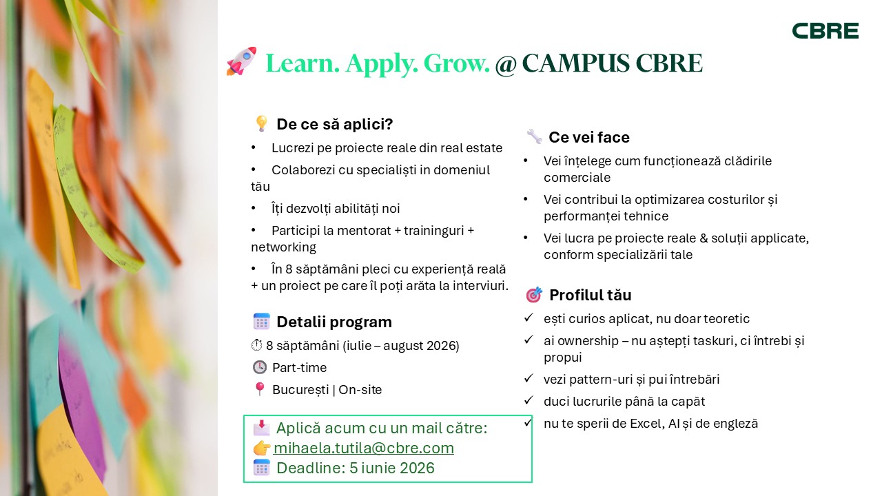 Oportunități de practică – Campus CBRE: „Learn. Apply. Grow.”